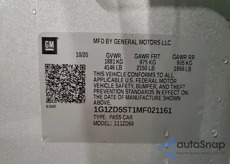 2021 Chevrolet Malibu Lt z USA, uszkodzony, nr VIN 1G1ZD5ST1MF021161